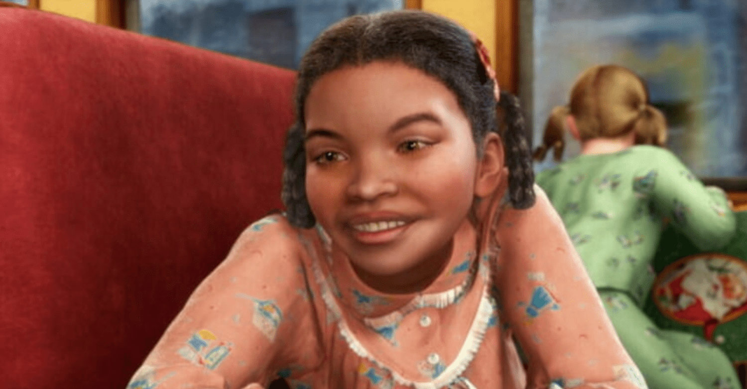 Holly from Polar Express on the Polar Express train wearing a pink nightgown